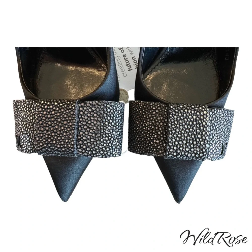 LOUIS VUITTON LIPSTICK PUMPS BLACK SATIN & PEBBLED SILVER LEATHER BOW PUMP 36.5 - Picture 5 of 17